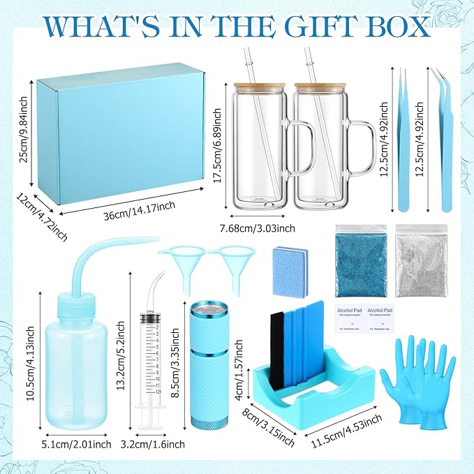 Baderke 20 Pcs Snow Globe Tumbler DIY Kit 16 oz Tumbler Squeeze Bottle, Glitter, Funnel Tweezer Silicone Cup Cradle Measuring Cup Glove Flashlight Buffer for Beginner(Blue,Special)