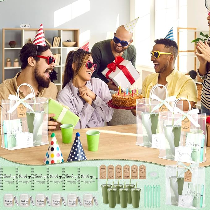 Nuogo 12 Sets New Parent Shower Prizes for Player Winners Adult, Wedding Bridal Shower Gift, Plastic Tumbler Notebook Scented Candle Ballpoint Pen Bag (Green Color,Classic Style)