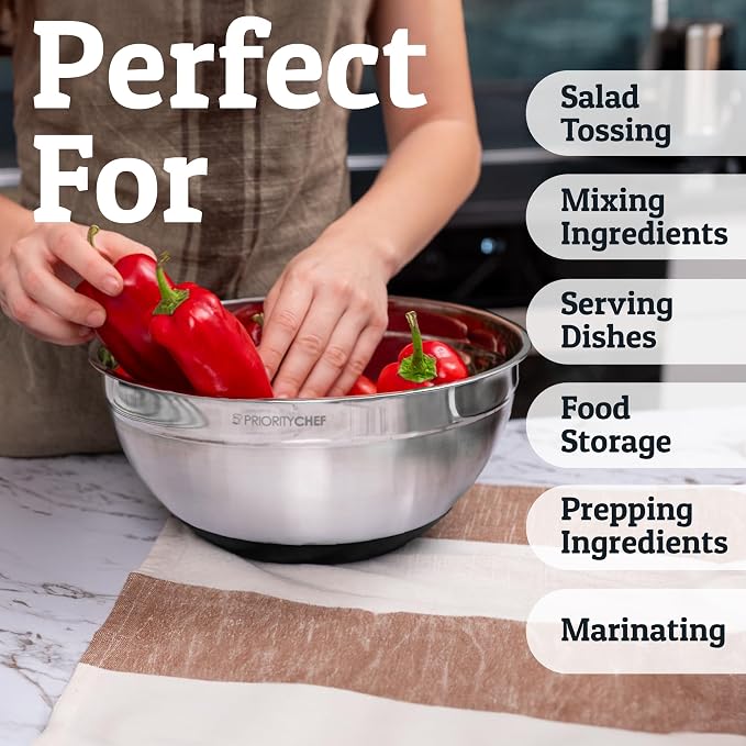 Priority Chef 6pc Stainless Steel Mixing Bowls with Lids Set, 7 Qt, Black | 6pc Non-slip nesting bowls 1-7 qt, 3 graters & interior measurement marks; for meal prep, baking & airtight fridge storage