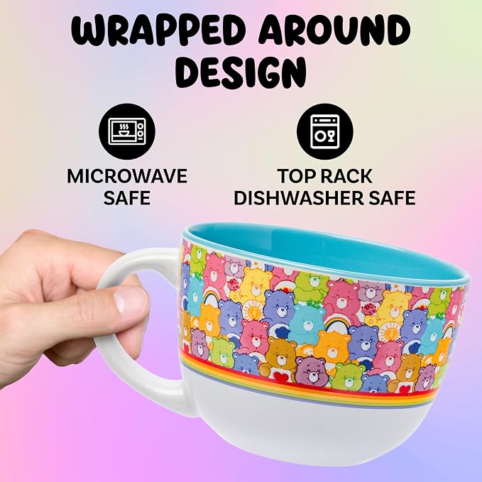 Silver Buffalo Care Bears Ceramic Soup Mug, All Over Print, 24oz | Tenderheart Bear, Cheer Bear, Funshine Bear and friends, oversized handle, generous capacity, colorful design