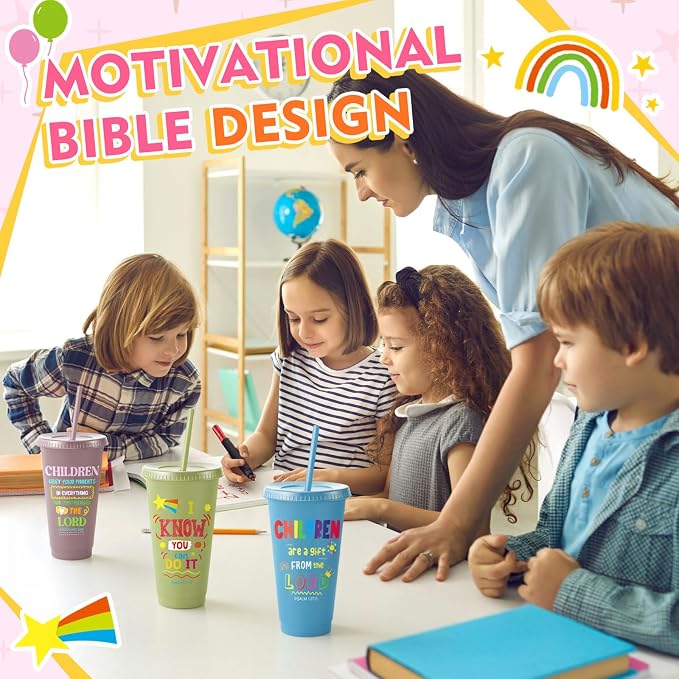 Uiifan 10 Pcs Morandi Christian Cups for Kids, Vacation Bible School Gifts 24oz Pastel Reusable Plastic Tumblers with Lids Straws, Bible Verse Party Cups for Sunday School, Classroom and Holiday Gifts