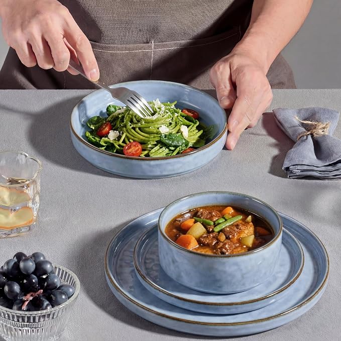 E-far 24-Piece Plates and Bowls Sets with Pasta Bowls - Stoneware Dinnerware Set for 6, Modern Ribbed Dishes, Microwave & Dishwasher Safe, Reactive Blue