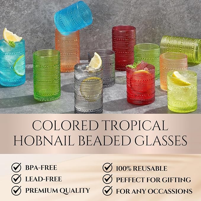 Khen Hobnail Beaded Highball Drinking Tumbler Glasses | Set of 12 | Autumn Colors Vintage Bubble Design Whiskey Glassware, Old-Fashioned, Embossed Design Water, Wine, Cocktail Rocks Glasses