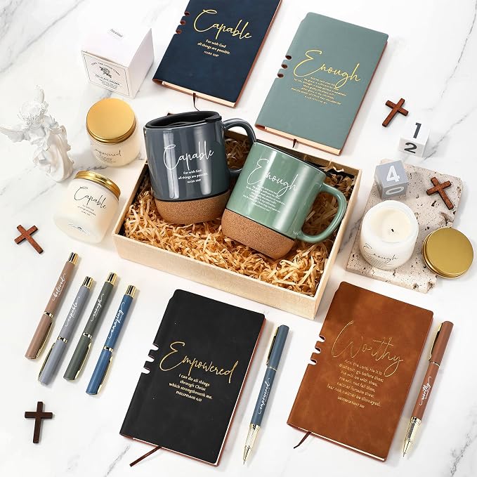 FillTouch 6 Set Christian Gifts for Women Men 15 oz Ceramic Bible Verses Coffee Mug A6 Leather Journal with Pen and Scented Candle Religious Gift for Pastor Church Sunday School(Vivid Color)