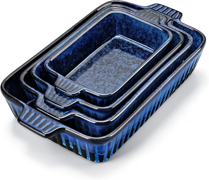 vancasso Ceramic Casserole Dishes for Oven, Reactive Glaze Bakeware Set of 4, Deep Rectangular Baking Dishes with Handles, Lasagna Pan Set, Microwave & Dishwasher Safe, Blue (9.4"/11.1"/12.2"/14.7")