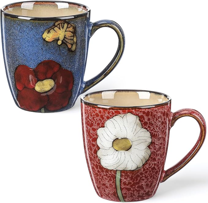 Maxdot 2 Pcs 12oz Ceramic Coffee Mugs Sets Glazing Process Cappuccino Mug Floral Ceramic Tea Cups Idea Gift Set for Women Porcelain Cup for Coffee, Cocoa, Tea, Latte (Retro) (Rustic)
