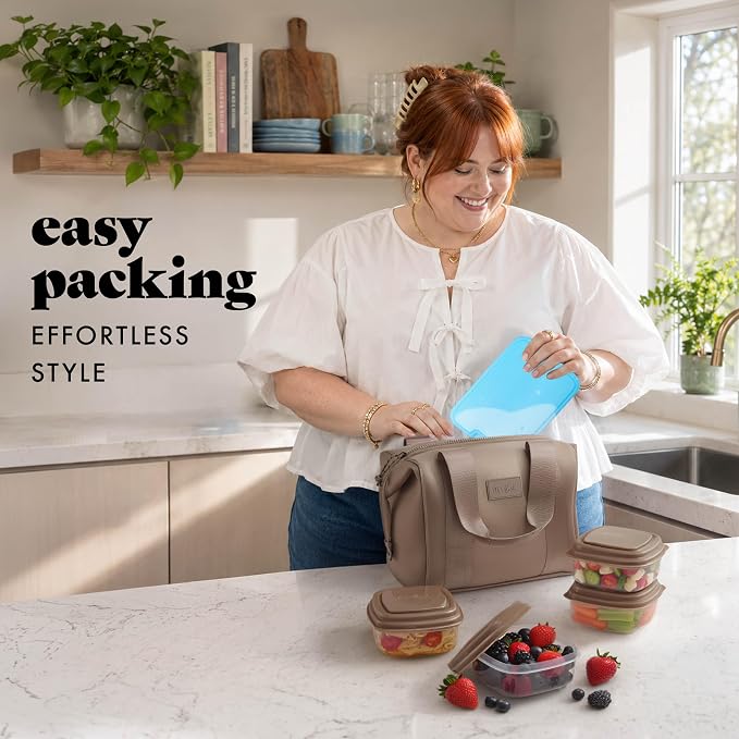 Fit & Fresh Remi Lunch Bag for Women Work – Neoprene Lunch Tote with Containers & Ice Pack, Reusable Meal Prep Lunch Box, Large Capacity, Machine Washable, Taupe