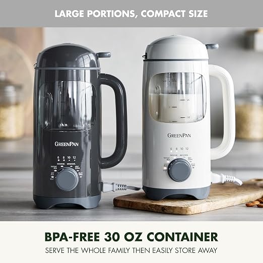 GreenPan 30oz Nut Milk Maker Machine, 15-in-1 for Homemade Almond, Oat, Soy, Coconut, Plant-Based Non-Dairy Beverages, Soups, BPA-Free Glass, Automatic Self-Clean, Delay Start, Cream