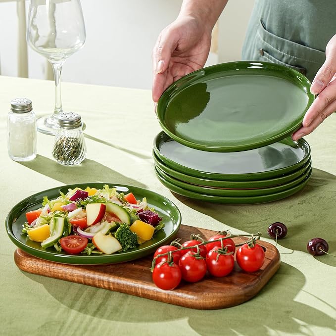 Ceramic Salad Plates Set, 8 Inch, Set of 4, Elegant Green | Stoneware, Dishwasher & Microwave Safe, Small Dinner Plates, For Cake, Fruits, Waffle, Pasta, Salad