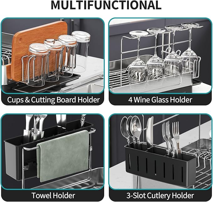 Urackify Dish Drying Rack for Kitchen Counter, 304 Stainless Steel Dish Rack, Multi-Function Dish Drainer with Wine Glass Holder, Large Dish Strainer with Cup Holder, Cutlery Holder, Large Size