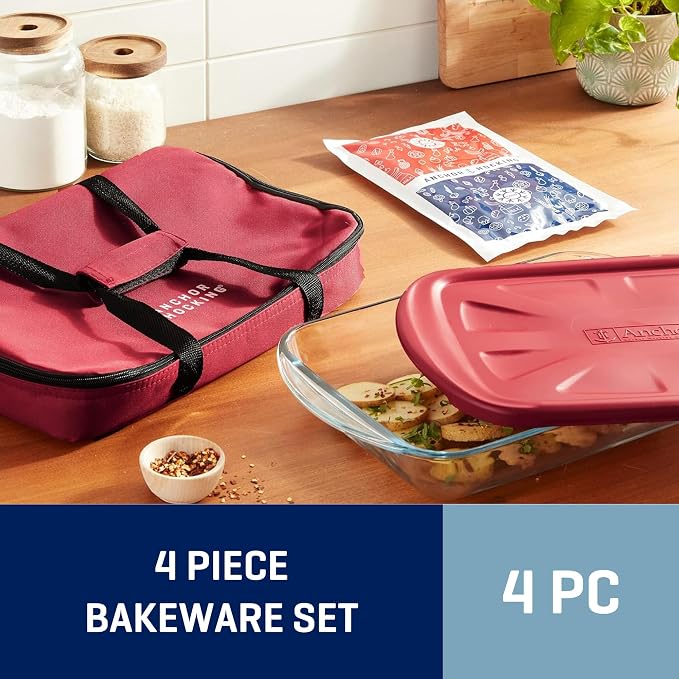 Anchor Hocking Glass Baking Dishes for Oven with Casserole Carrier, 4 Piece Set (3 Quart Glass Baking Dish, Red Lid, Red Thermal Carrier, and Hot/Cold Pack)