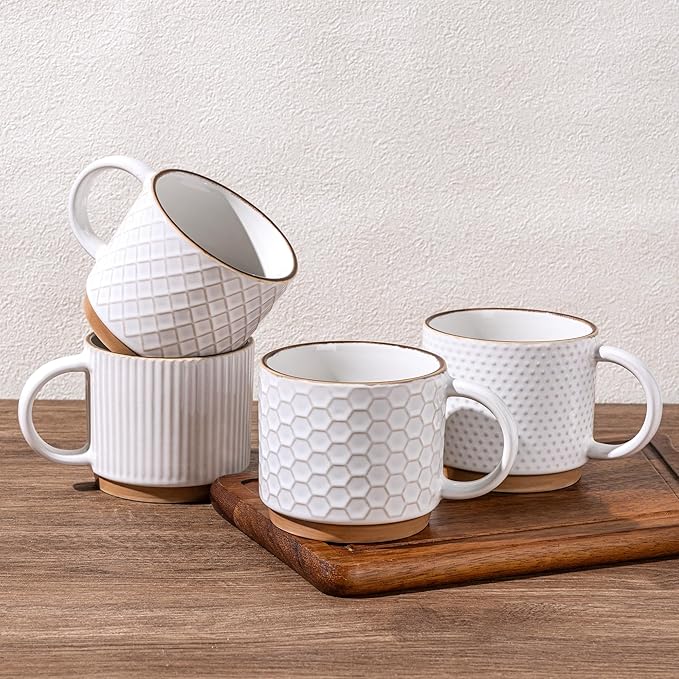 GBhome 15OZ Stackable Coffee Mugs, Ceramic Coffee Mugs with Texture Patterns for Man,Woman,Dad,Mom, Modern Coffee Mugs Set of 4 for Latte/Cappuccino/Cocoa. Dishwasher&Microwave Safe, Off White