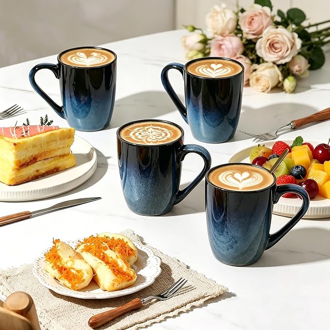 MONITO Large Ceramic Coffee Mugs Set with Handle for Tea/Latte/Cappuccino/Milk/Cocoa, Ice-Snow Blue 14oz, Set of 6, Funny Tea Cups for Office and Home