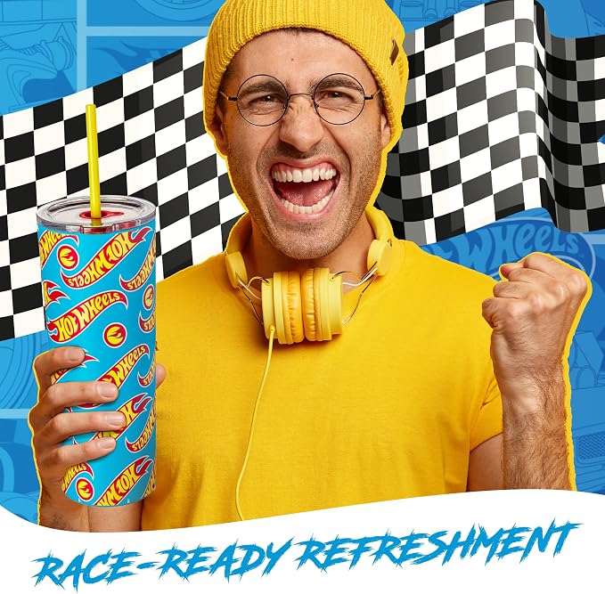 Dragon Glassware x Hot Wheels Tumbler with Straw, 24 oz - Race Team | Vacuum Insulated Stainless Steel Tumbler with Straw & Lid; Double Walled Tumbler with Straw; Hot Wheels Cup with Lid