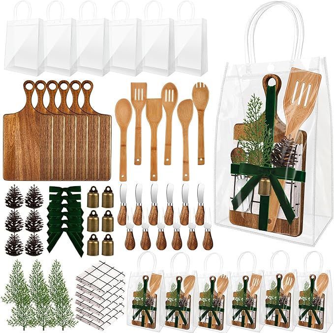 6 Set Christmas Gift Kitchen Utensils Set Acacia Spatula Mini Cheese Board Pine Cones for Christmas Kitchen Holiday Gift Party Decor