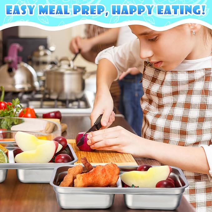 Teenyyou 6 Pcs Stainless Steel Snack Containers 30 oz 2-compartment Meal Prep Containers Reusable Metal Divided Bento Box with Silicone Lids Leakproof Lunch Box Dishwasher Safe (White)