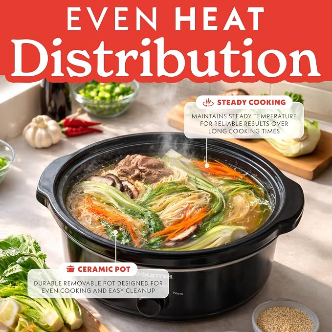 Gourmia Slow Cooker - 6 Quart Removable Ceramic Pot, Manual Controls with 3 Temperature Settings, Dishwasher Safe Crock and Glass Lid, Black