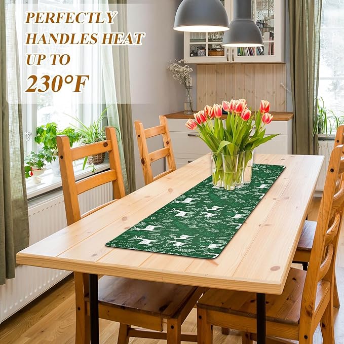 White Christmas Deers Plants Trivet Table Runner Heat Resistant 230F for Hot Dishes Pots Plates Kitchen Dining Table Protector Decorative 39.37 X 11.8 Inch
