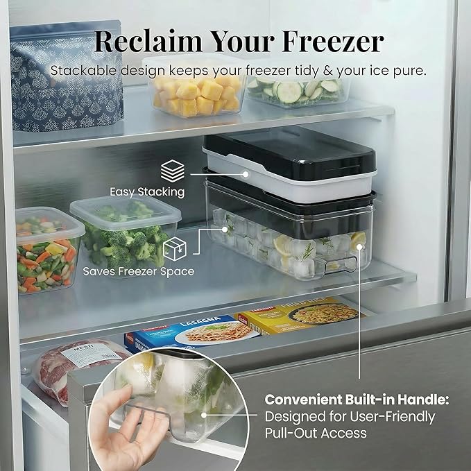 Ice Cube Tray with Lid and Bin, Ice Trays for Freezer with 40 Cubes, Easy-Release Silicone Ice Cube Molds, Stackable Ice Bucket Kits with Stainless Steel Ice Tongs for Drinks, Coffee, Cocktail