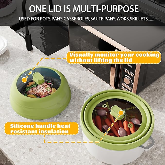 Microwave Splatter Cover, Vented Silicone and Glass Cover Splatter Guard Lid, Food Collapsible Plate Cover Lid with Easy Grip Handle. (Green, 9 inch)