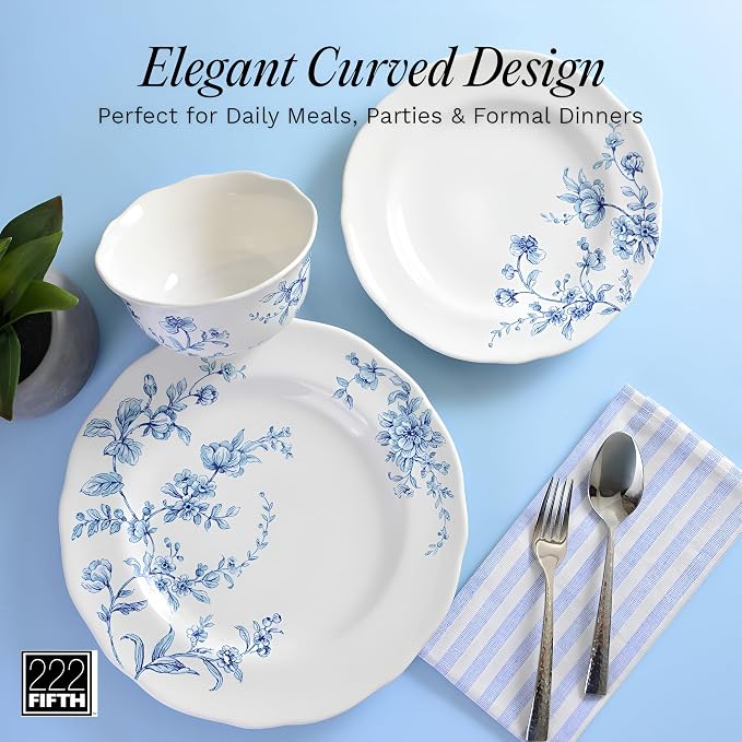 222 Fifth 12-Piece Porcelain Dinnerware Set for 4, White & Blue Plates and Bowls Set, Glossy Ceramic Dish Set with Beautiful Floral Design, Elegant Kitchen Dishes, Microwave & Dishwasher Safe, Bellamy