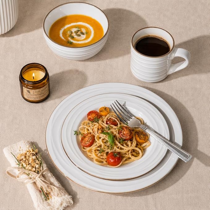 GBHOME Ceramic Dinnerware Sets,12 pcs Embossed Elegant Stoneware Plates and Bowls Sets, Housewarming Wedding Gift | Dishwasher & Microwave Safe | Dishes Set Service for 4