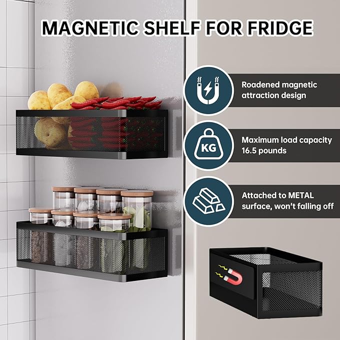 2-Pack Magnetic Spice Rack for Refrigerator, Magnetic Shelf with Tall Guardrails to Prevent Falling - Strong Magnet Organizer for Kitchen, Pantry, Cabinet & Laundry Room (Black)