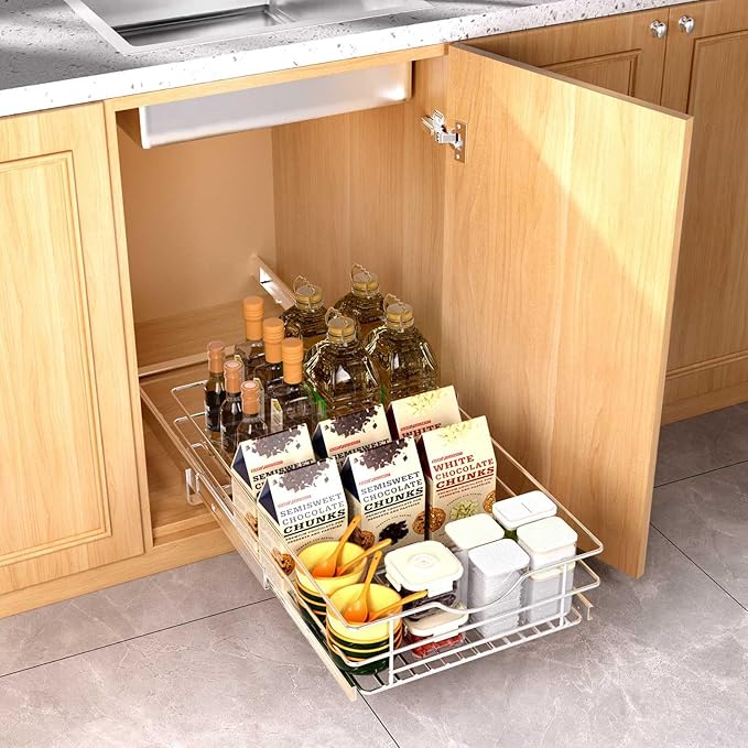 Pull Out Cabinet Organizer, (11½"W x 20" D), Soft Close Pull Out Cabient Drawer, Slide Out Cabient Organizer for pot and pan Kitchen Base Cabinet, Pantry Organization, Bathroom, Wire Basket