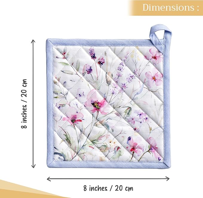 Maison d' Hermine Pot Holders 100% Cotton Heat Resistant Potholders 8" x 8" Hot Pads with Loop BBQ Cooking Baking Gifts for Mothers Day Handling Hot Pans Spring/Summer (Pack of 2, Summer Floral)