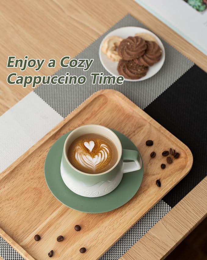ZENS 8 Ounce Artistic Cappuccino Cups Set of 2, Embossed Ceramic Coffee Mug with Saucers for Latte Art, Moss Green & White