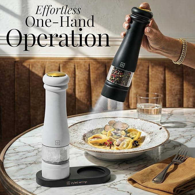 Electric Salt and Pepper Grinder Set - Styled Settings Electric Salt and Pepper Shakers, Automatic Stainless Steel Set with LED Light, Battery Operated, Adjustable Coarseness, Wood Base