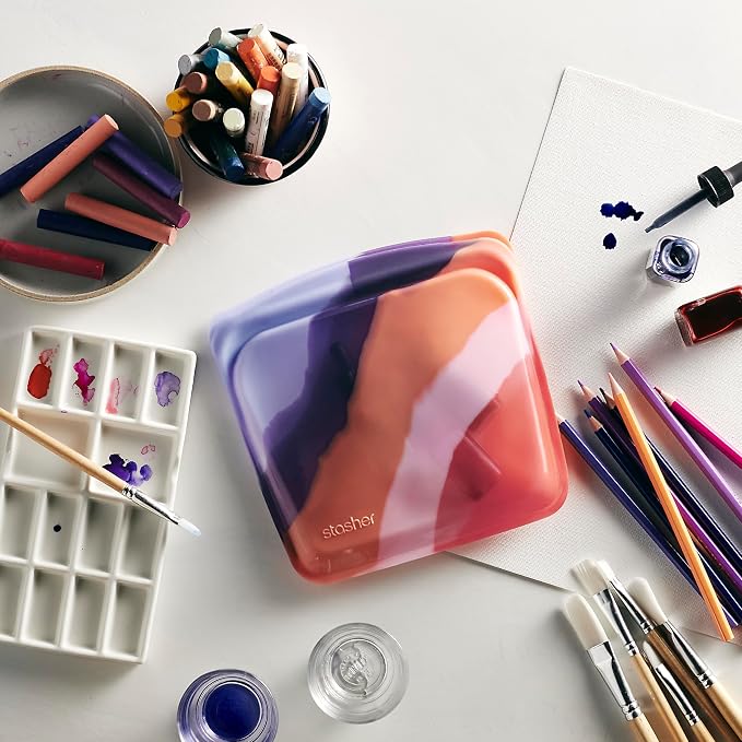 Stasher Silicone Reusable Storage Bags, 4-Pack, Reusable Freezer Bags, Microwave, Dishwasher, Oven Safe, Sous Vide, Premium Lunch Containers, Eco Friendly, Food Storage Bags, Snack Bags, Multicolor
