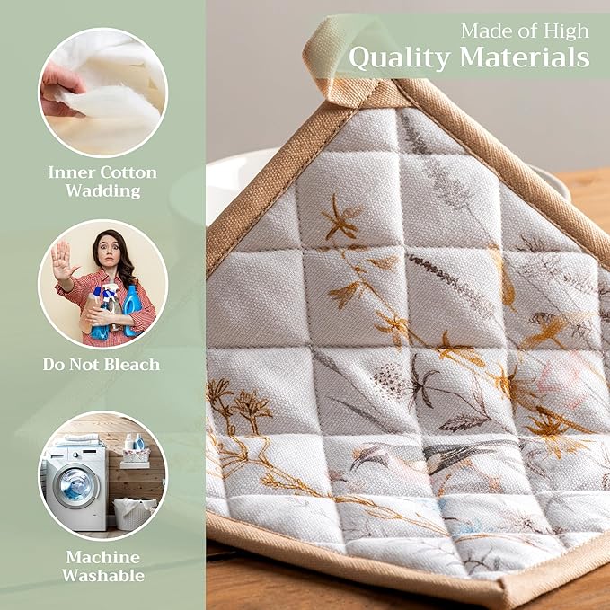 Maison d' Hermine Pot Holders 100% Cotton Heat Resistant Potholders 8" x 8" Hot Pads with Loop Baking Gifts for Mothers Day Handling Hot Pans Spring/Summer (Pack of 2, Meadow Florals - Beige)