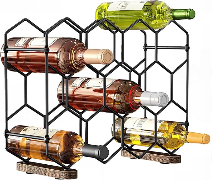 Nuovoware Countertop Wine Rack, 14-Bottle Freestanding Modern Carbon Steel Holder Hexagonal Structure, 3 Tier Tabletop Wine Bottle Organizer Storage for Cabinet, Pantry, Black+Retro Brown