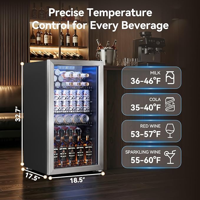 Tehanld 3.2 Cu.Ft Beverage Fridge, Mini Fridge With Glass Door, Beverage Cooler Refrigerator, Wine Drink Beer Fridge, Adjustable Shelves & Digital Temperature Display, 26 Bottle 128 Can, Silver