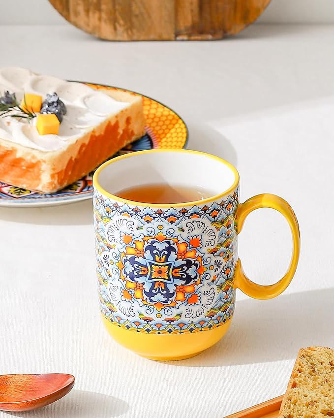 HENXFEN LEAD Boho Ceramic Coffee Mugs Set of 6, 14 oz Colorful Cups for Tea, Latte & Hot Chocolate – Microwave & Dishwasher Safe
