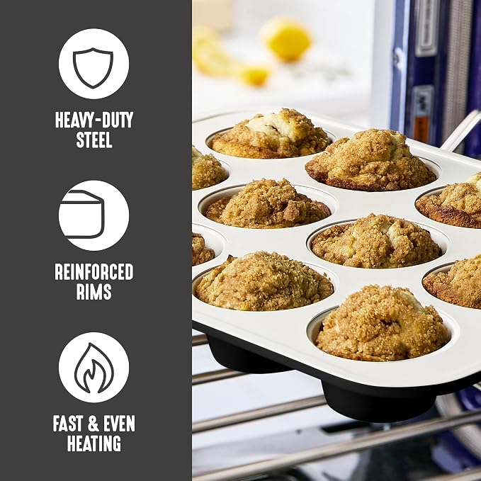 GreenLife 12-Cup Muffin Pan, PFAS-Free Healthy Nonstick Baking Tray, 11.4" x 1.9" x 15.9", Durable Ceramic Bakeware, Cupcakes, Egg Bites, Tarts, Brownies, Black