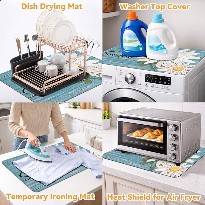 Decorative Stove Top Covers for Electric Stove 28"x20" – Heat Resistant Glass Cooktop Protector Dish Drying Mat – Non-Slip Rubber Backing Washer Top Cover Waterproof Extra Counter Space (Daisy)