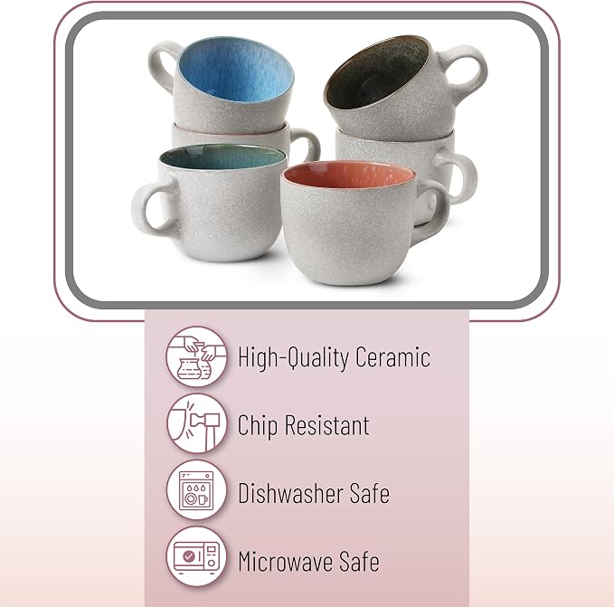 BTaT- Porcelain Coffee Mugs Set, 14 oz (415 ml), 6 Pack, Ceramic Coffee Mugs, Matte White Outside and Colorful Inside, Restaurant Cups for Tea, Cappuccino, Cocoa, Cereal, Mug Gift Set, Dishwasher Safe