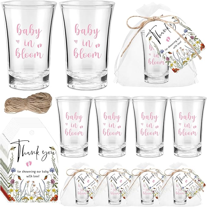 Pickmesh 25 Sets Baby in Bloom Baby Shower Shot Glasses for Guests Include Acrylic Clear Shot Glasses Spring Wildflower Cards Organza Bags Girl Favors for Gender Reveal Party Supplies