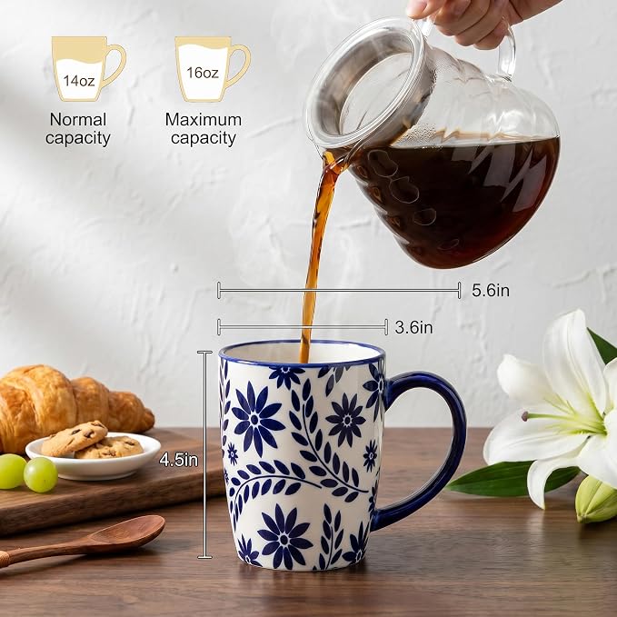glowworm Ceramic Coffee Mugs, 16 Ounce Coffee Cups with Handle for Cappuccino, Milk, Hot Cocoa, Tea, Vintage Coffee Mug for Kitchen, Dishwasher & Microwave Safe, Set of 6, Blue&White