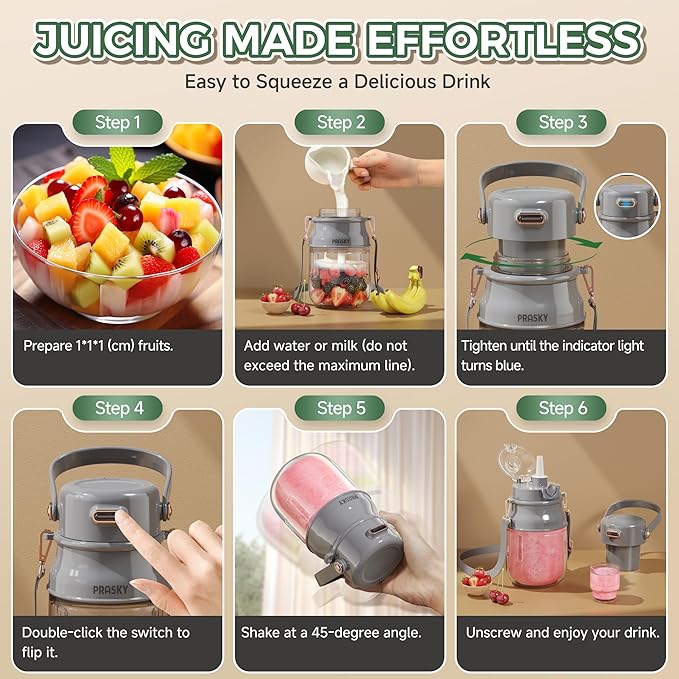 Portable Blender, Prasky Personal Blenders for Shakes and Smoothies with 27oz Cup, Lid and Shoulder Strap, Type-C USB Rechargeable, Personal Size Blenders BPA-free for Travel/Kitchen (Gray)
