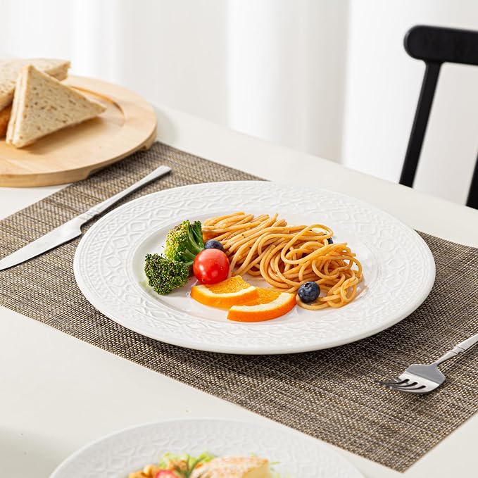 16-Piece Ceramic Dinnerware Set for 4, Athens Palace Relief Dishes and Plates Sets, Includes Mugs, Plates and Bowls, Elegant High-Temperature Reinforced Porcelain, White
