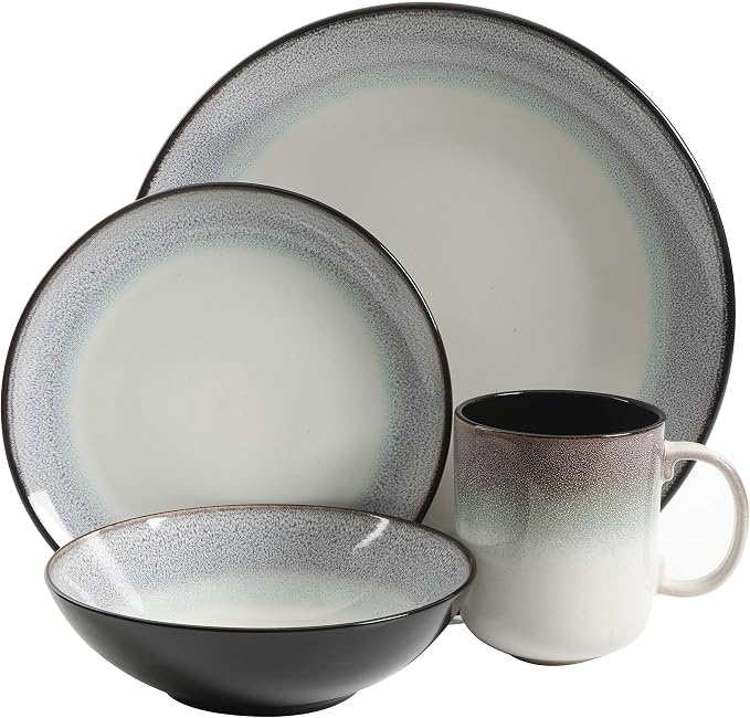Gibson Elite Rings of Saturn Round Reactive Glaze Stoneware Dinnerware Set, Service for Four (16pcs), Teal Blue
