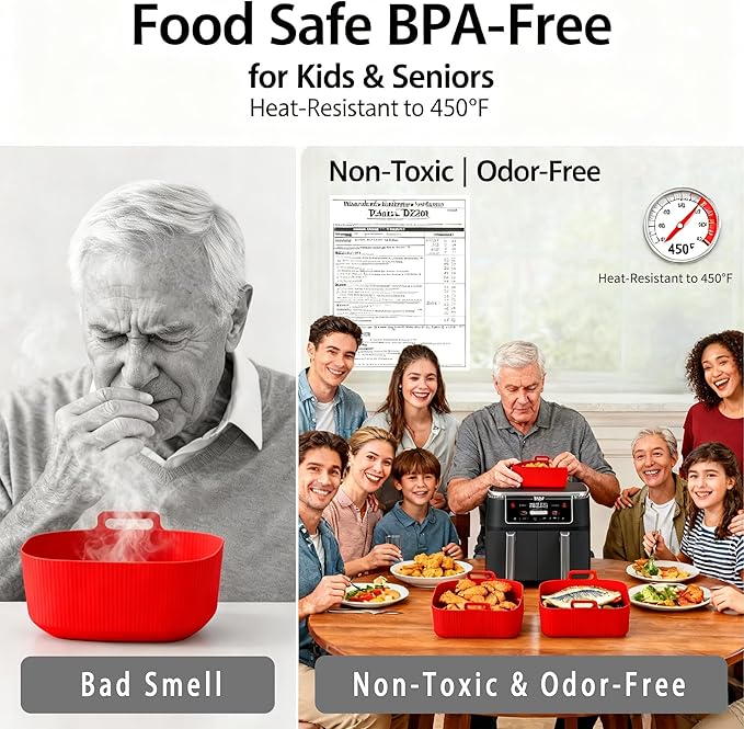 Silicone Air Fryer Liners for Ninja - Reusable DZ201 8QT Dual Basket - Rectangular 2-Pack Vacuum-Packed Easy-Clean Dishwasher-Safe Food-Safe for Home Chefs - Housewarming Gifts