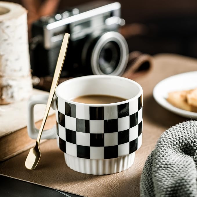 Miamolo Stackable Coffee Mug Set of 4 with Rack 11 oz Tea Cup Set with Little Spoon for Coffee Tea Cocoa Milk, Father's Day,Checkered Black and White Pattern Coffee Mug for Housewarming Gift