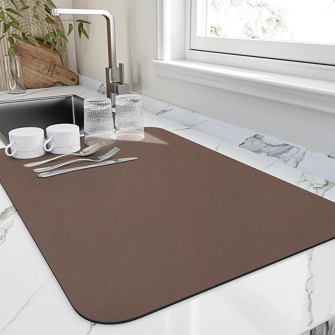 HotLive Dish Drying Mat for Kitchen Counter, Heat Resistant Drainer Mats with Non-slip Rubber Backed, Hide Stain Kitchen Super Absorbent Draining Mat, Easy to Clean Dish Rack Pad, Brown 18"x28"