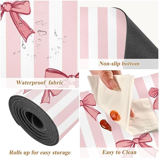 2 in 1 Table Runner Trivet for Hot Pots and Pans Heat Resistant Non Slip Waterproof 39 x 12 Inch Decorative Table Protector for Kitchen Countertop Pink White Stripes Bows