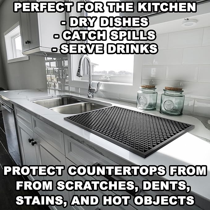 AXIESO 2 Pack Silicone Bar Mat - 1/2 Inch Thick Heat-Resistant and Food Safe Drip Mat - Spill Mats for Counter Top - Kitchen Service Mat, Coffee Bar, Restaurant - Drying Mat - 18 x 12 Inches