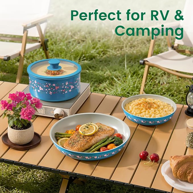 Chef Power Ceramic Cookware Set Non Toxic with Detachable Handles, Healthy Nonstick Decal Pans and Pots Set 14 Pcs, Induction Dishwasher Oven Safe Kitchen Set, Turquoise with Bougainvillea